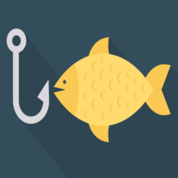 Yellow fish facing a fishing hook on a dark blue background with long shadows, simple and playful illustration